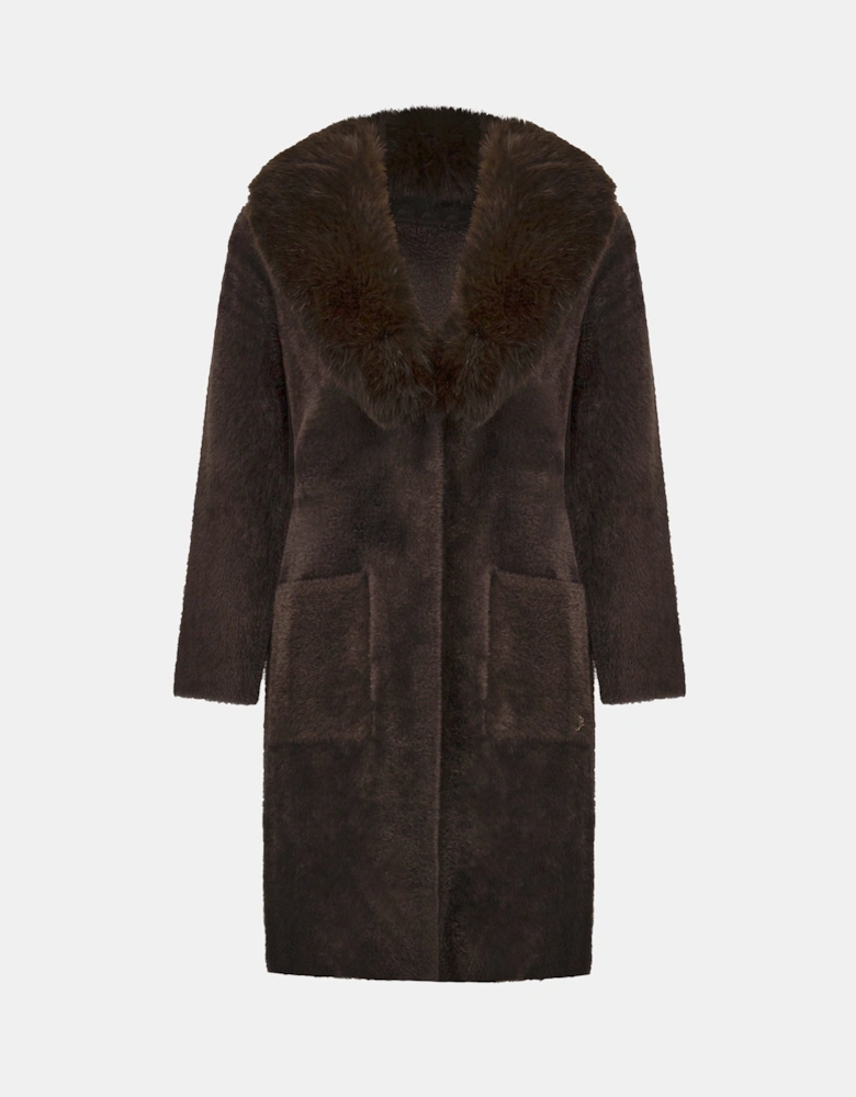 Feather yarn knit coat with detachable fur collar
