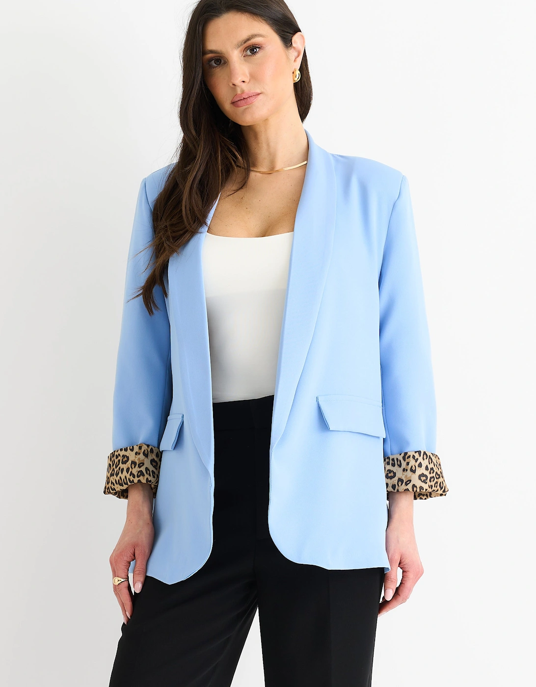 Sky Blue Contrast Animal Edge to Edge Blazer