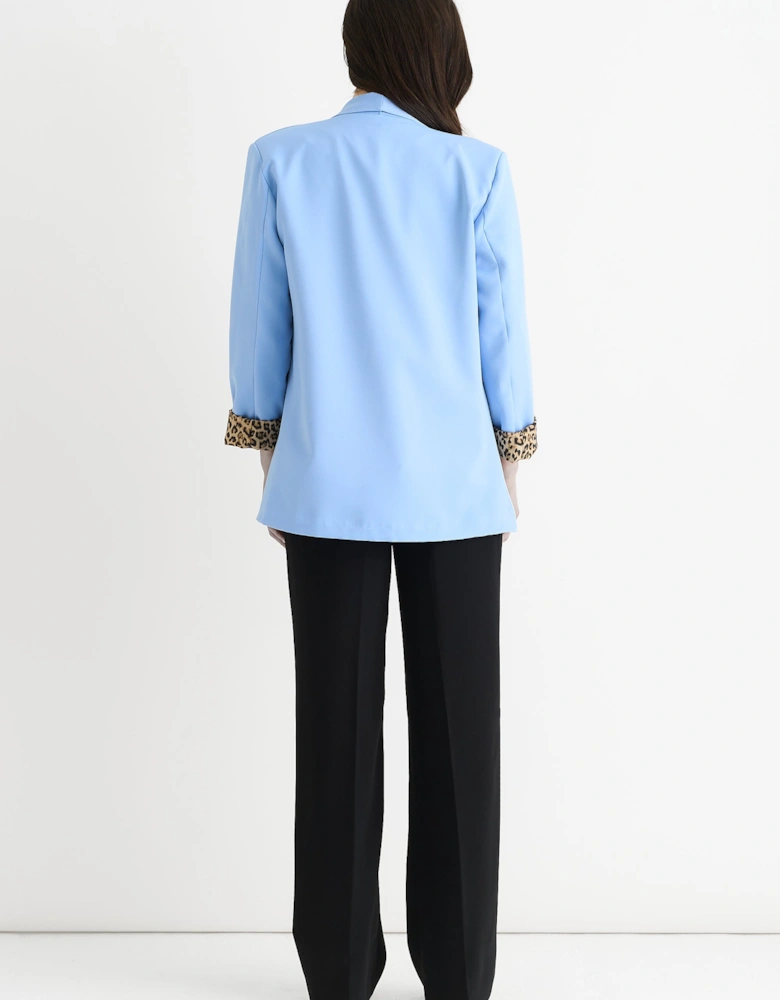 Sky Blue Contrast Animal Edge to Edge Blazer