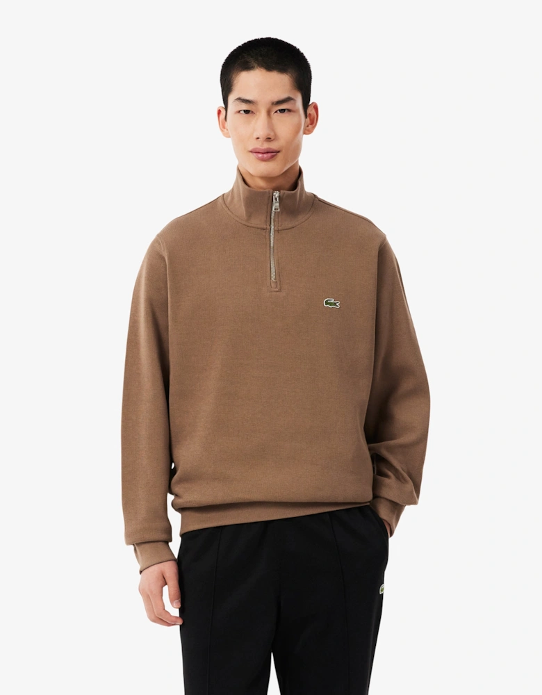 Lacoste Mens Zippered Stand-Up Collar Cotton Sweatshirt - Cookie SIX