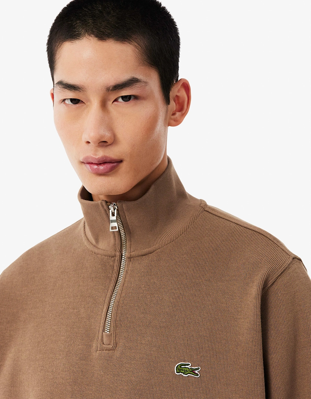 Lacoste Mens Zippered Stand-Up Collar Cotton Sweatshirt - Cookie SIX
