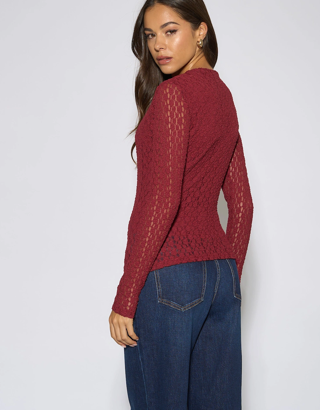 Burgundy High Neck Jersey Lace Long Sleeve Top