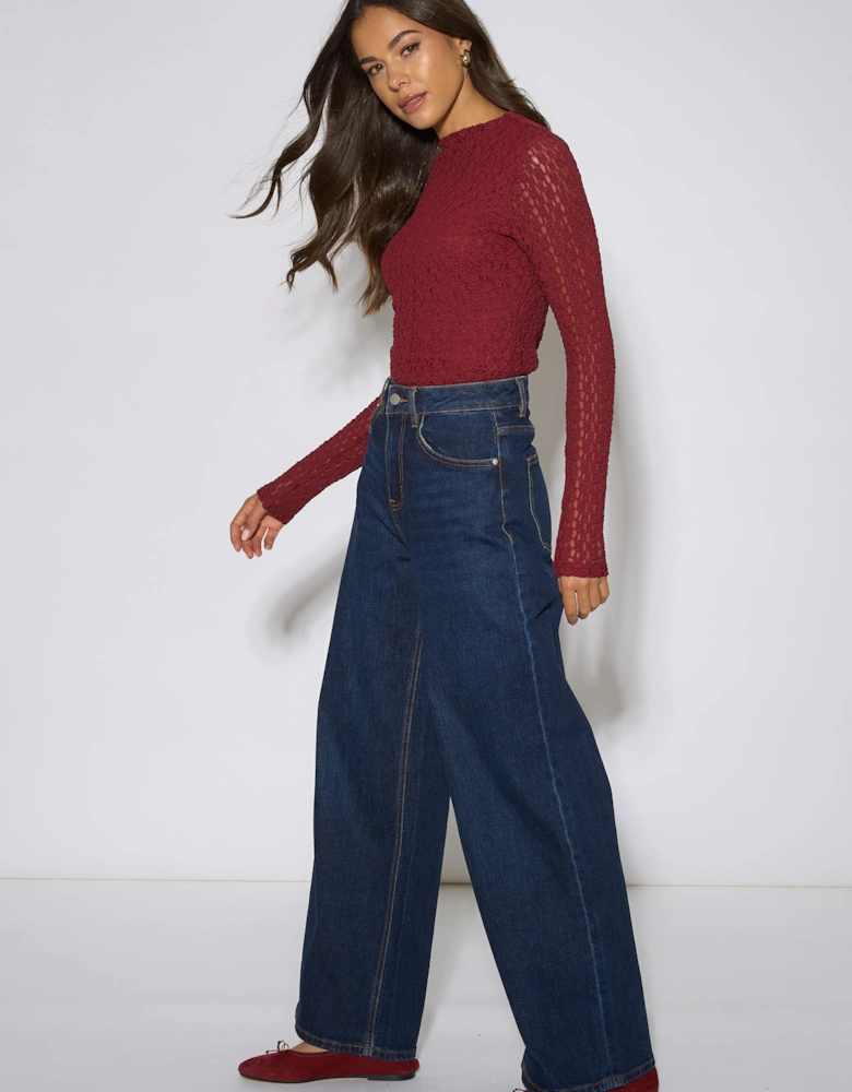 Burgundy High Neck Jersey Lace Long Sleeve Top
