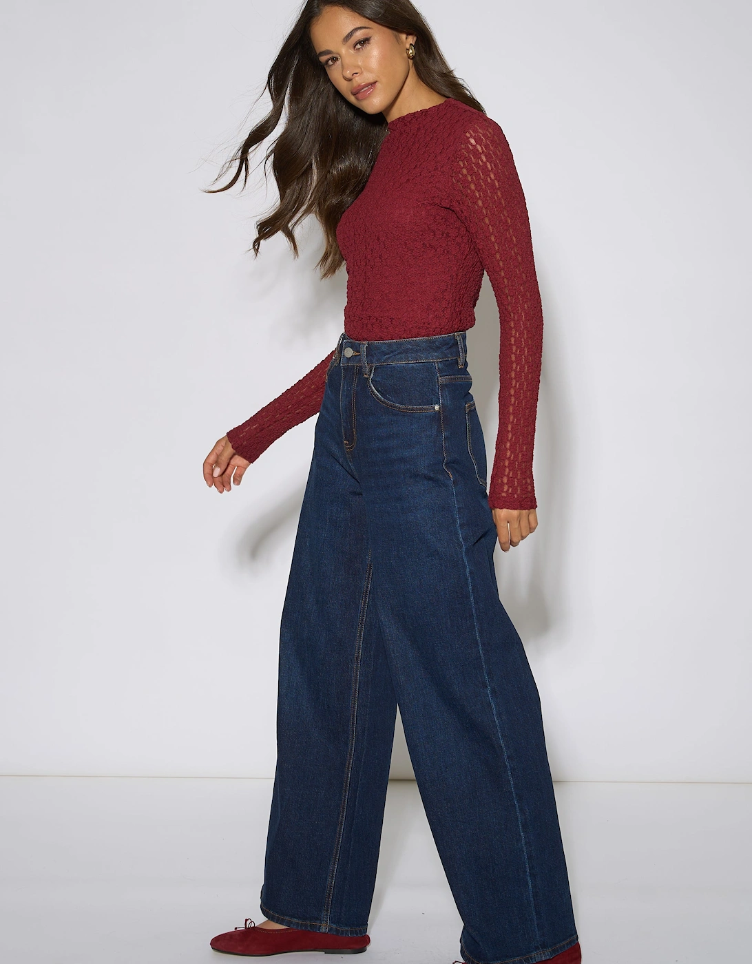 Burgundy High Neck Jersey Lace Long Sleeve Top