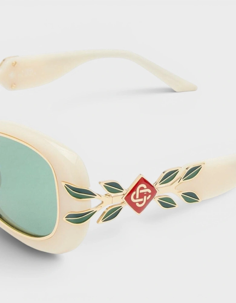 Acetate Metal Oval Sunglasses Laurel Detail Cream Gold Laurel Green
