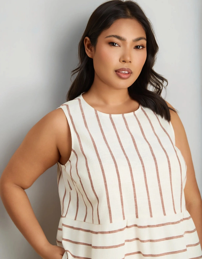 Oatmeal Striped Linen Blend Peplum Top