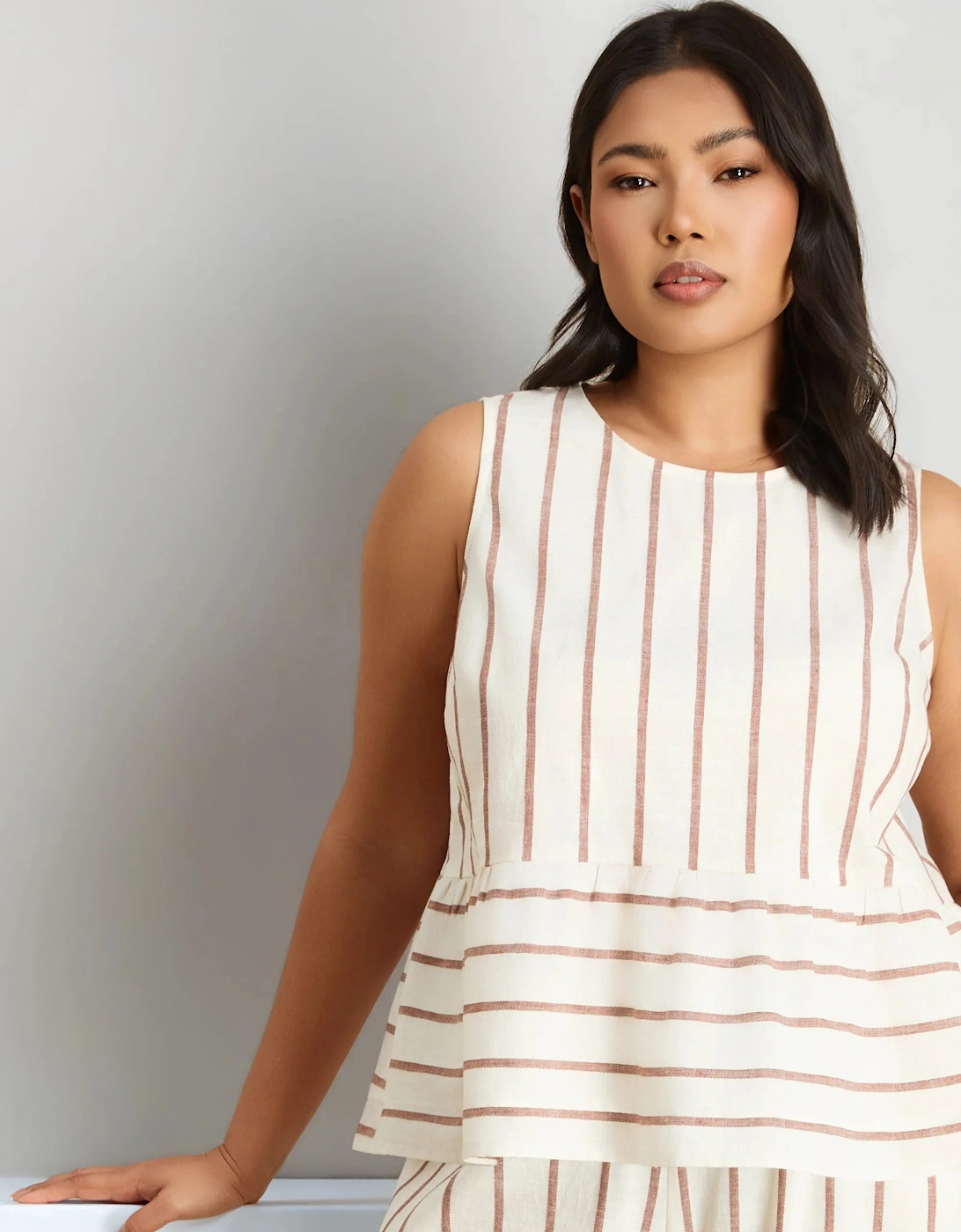 Oatmeal Striped Linen Blend Peplum Top