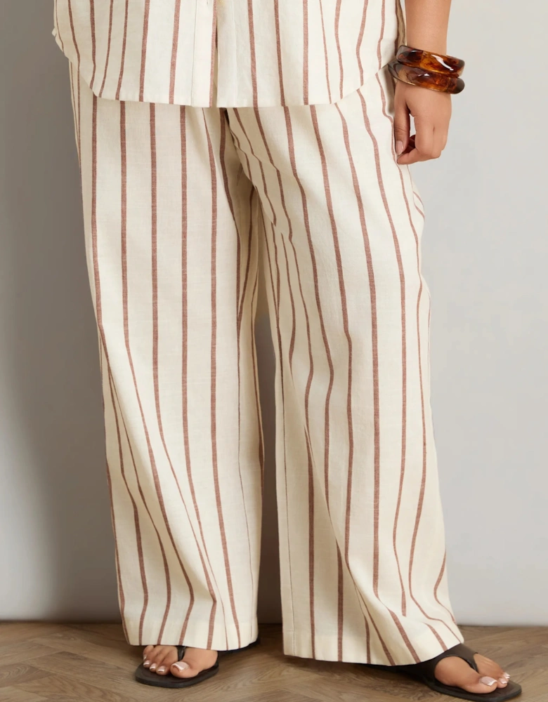 Petite Oatmeal Striped Linen Blend Wide Leg Trousers