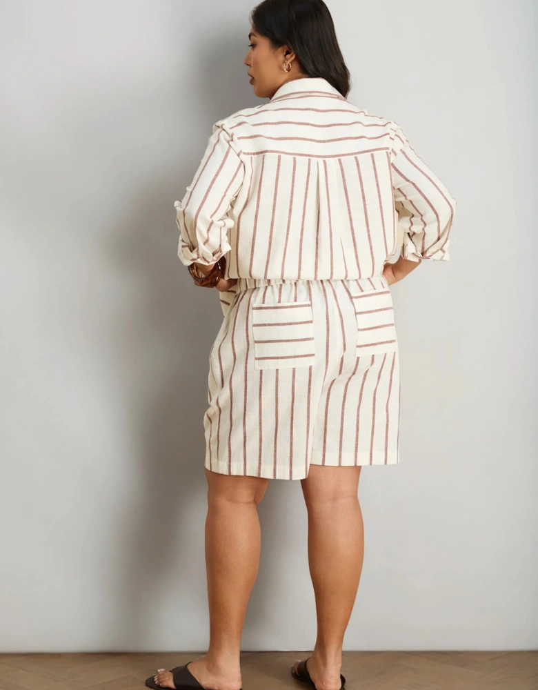 Oatmeal Striped Linen Blend Long Sleeve Shirt