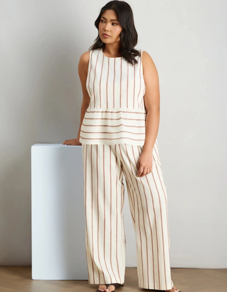 Petite Oatmeal Striped Linen Blend Wide Leg Trousers