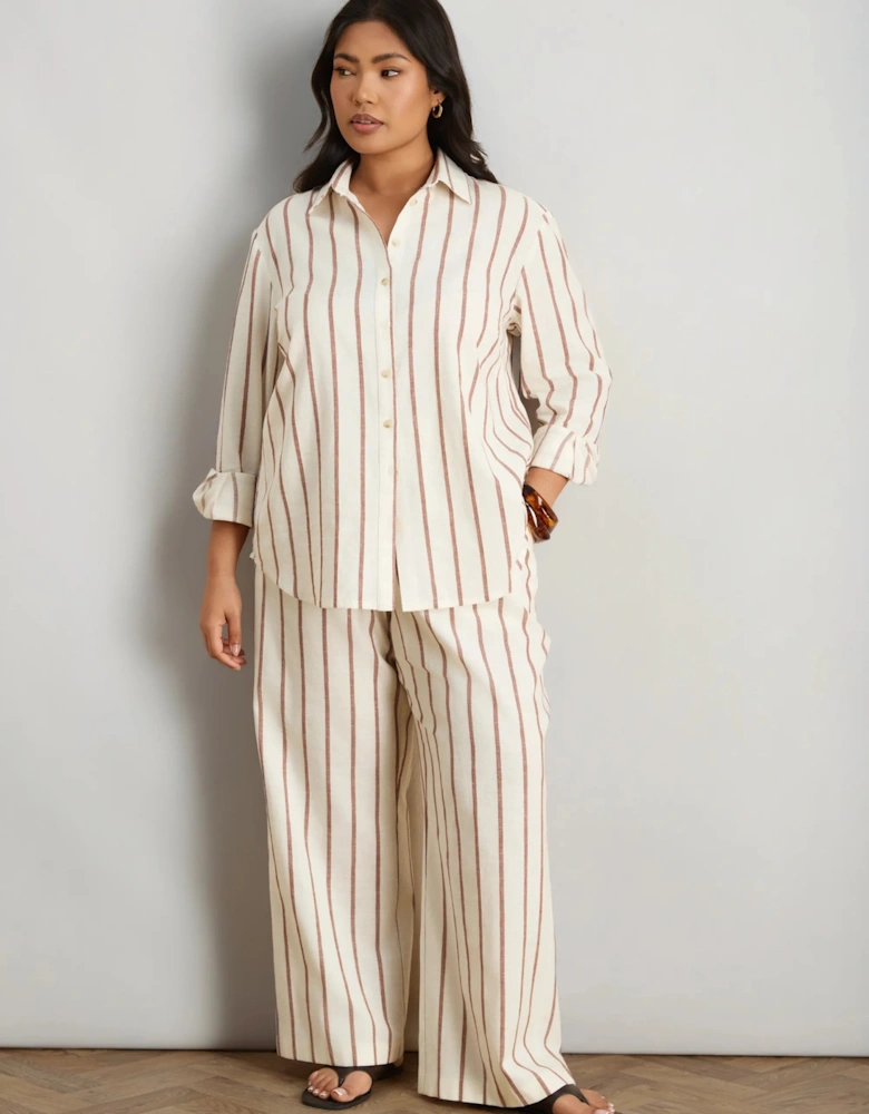 Petite Oatmeal Striped Linen Blend Wide Leg Trousers