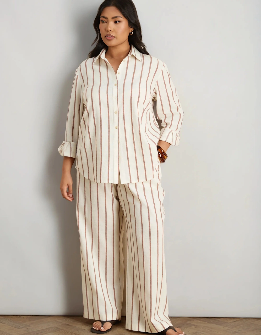 Petite Oatmeal Striped Linen Blend Wide Leg Trousers, 6 of 5