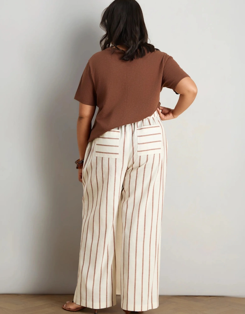 Petite Oatmeal Striped Linen Blend Wide Leg Trousers