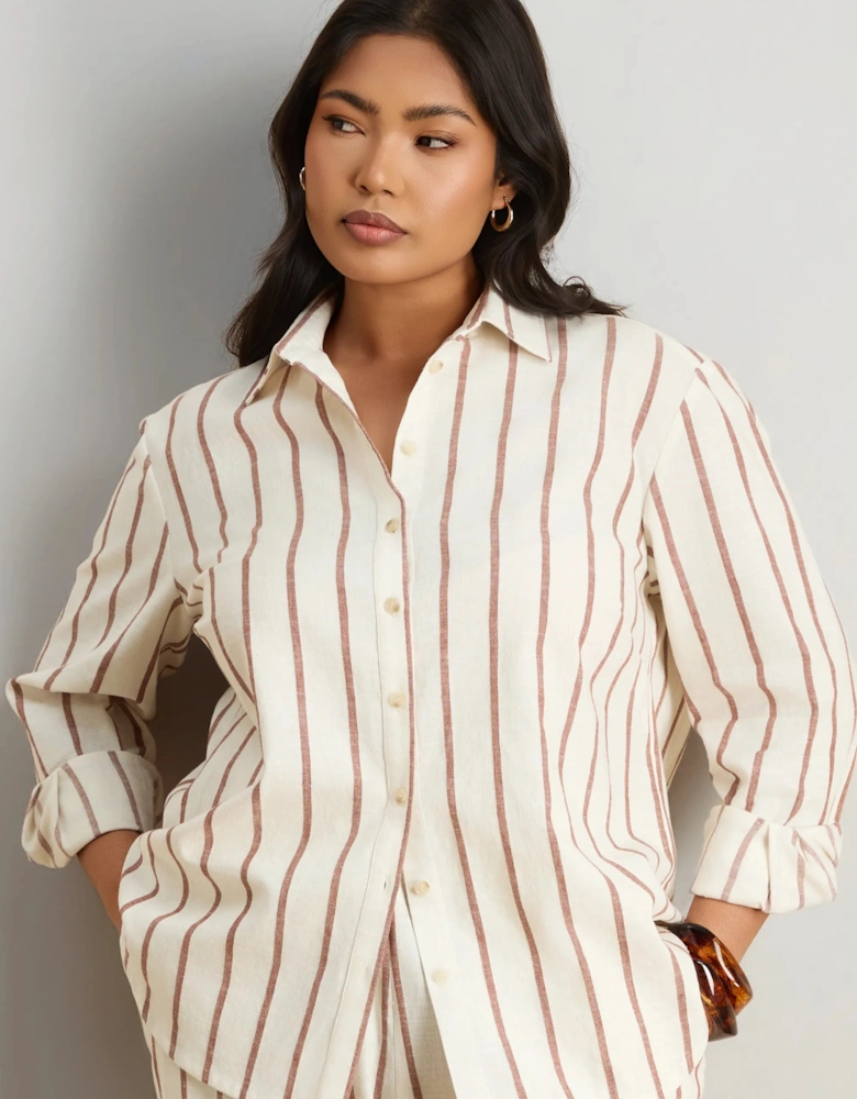 Oatmeal Striped Linen Blend Long Sleeve Shirt