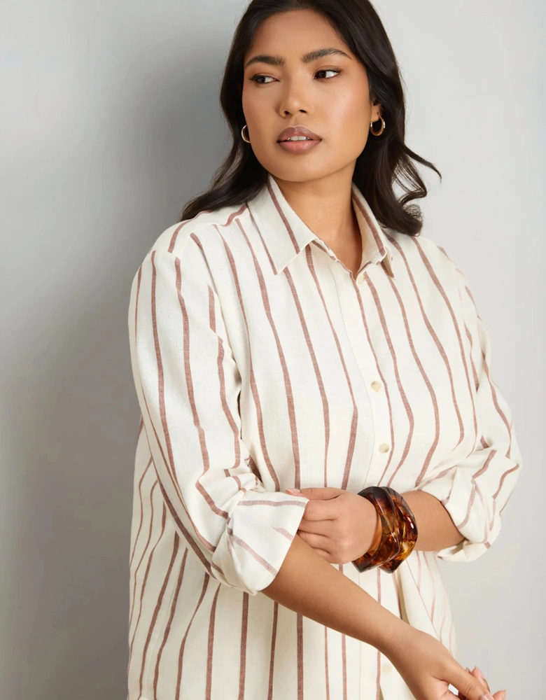 Oatmeal Striped Linen Blend Long Sleeve Shirt