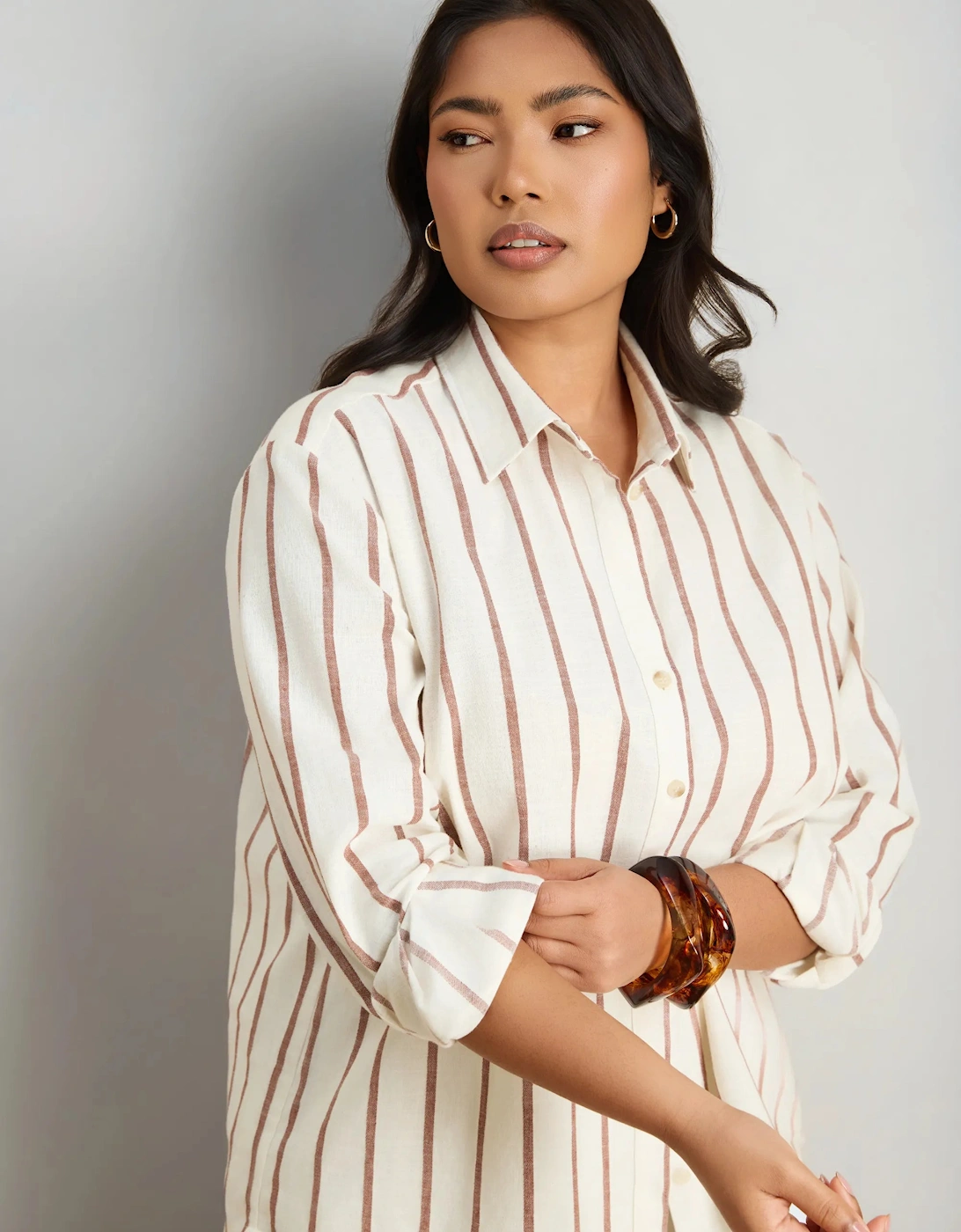 Oatmeal Striped Linen Blend Long Sleeve Shirt