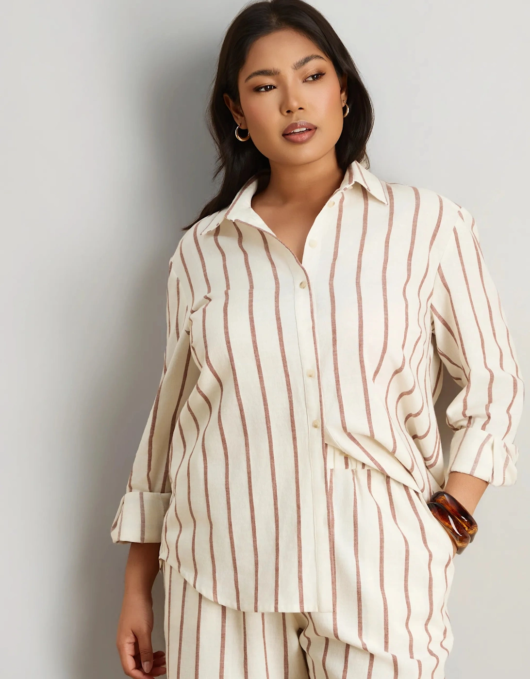 Oatmeal Striped Linen Blend Long Sleeve Shirt