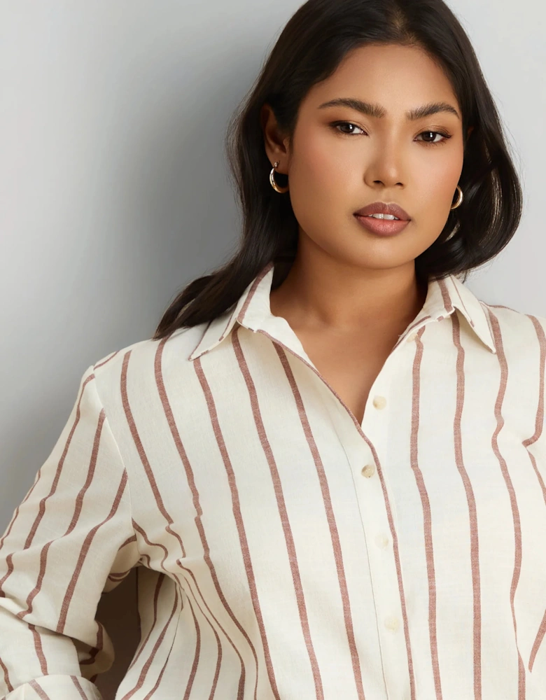 Oatmeal Striped Linen Blend Long Sleeve Shirt