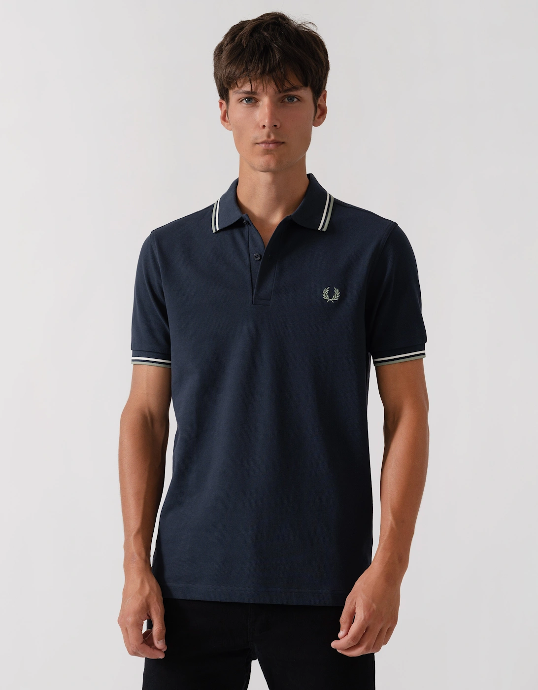 Fred Perry Men's Black Twin Tipped Signature Polo Shirt - Dark Airforce/Ecru/Seagrass 72C - Size 38