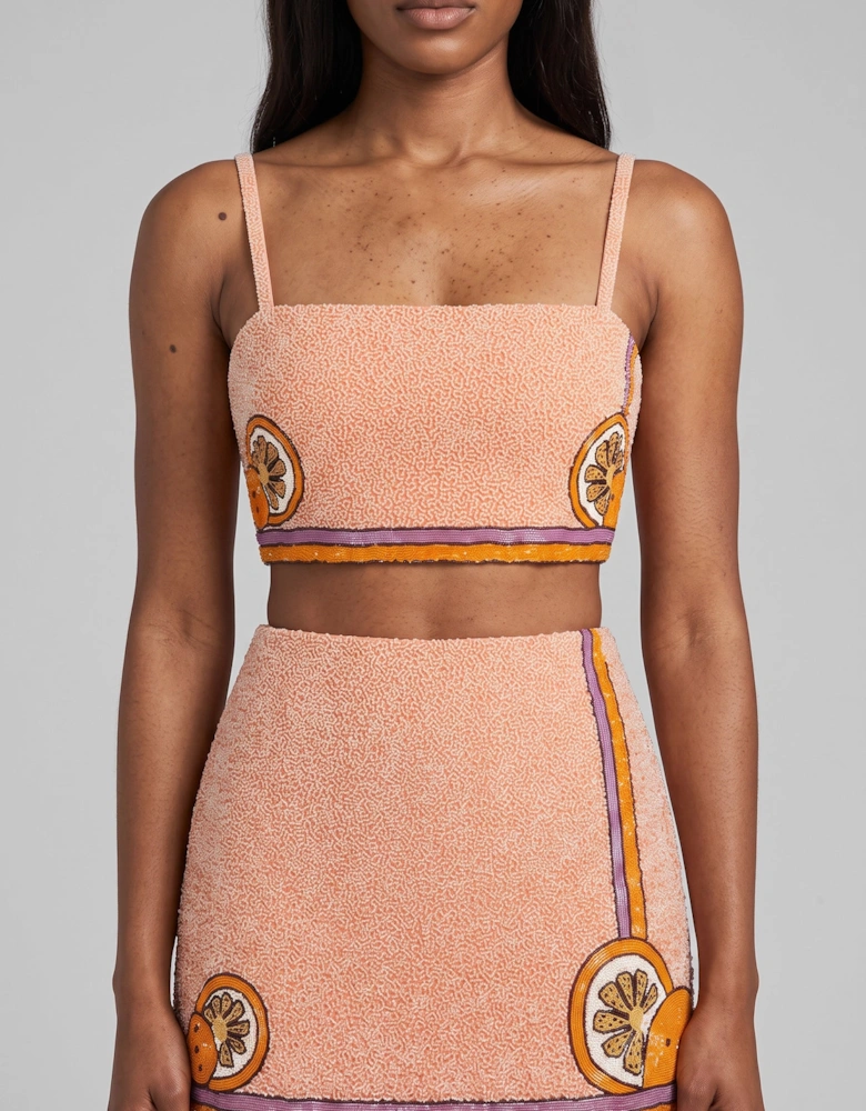 Melodie Co-ord Hand Embroidered Crystal Top Peach
