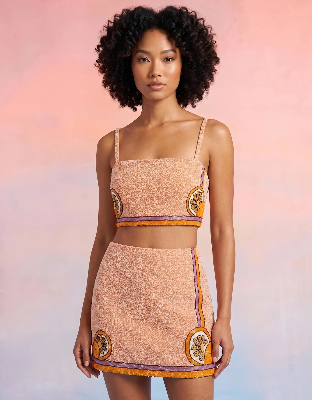 Melodie Co-ord Hand Embroidered Crystal Top Peach