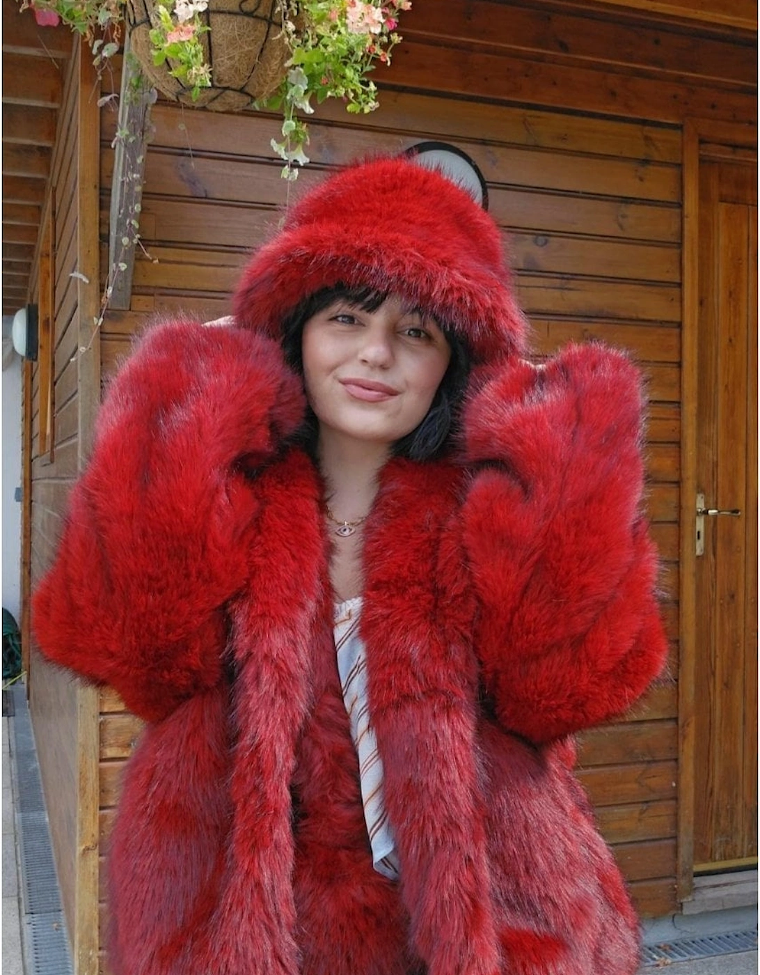 Red Bamboo Blend Faux Fur Jacket, 4 of 3