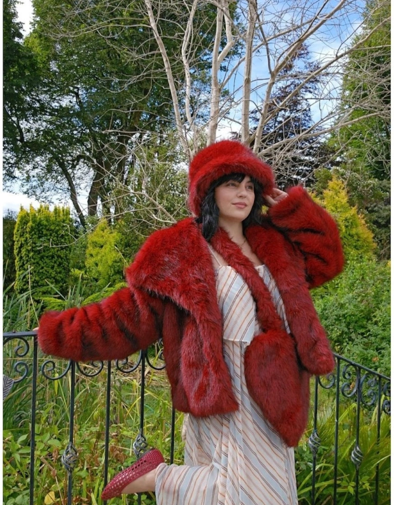 Red Bamboo Blend Faux Fur Jacket