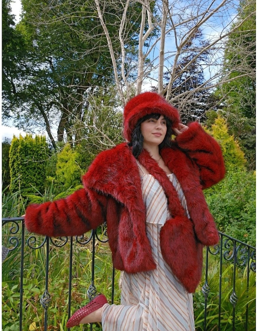 Red Bamboo Blend Faux Fur Jacket