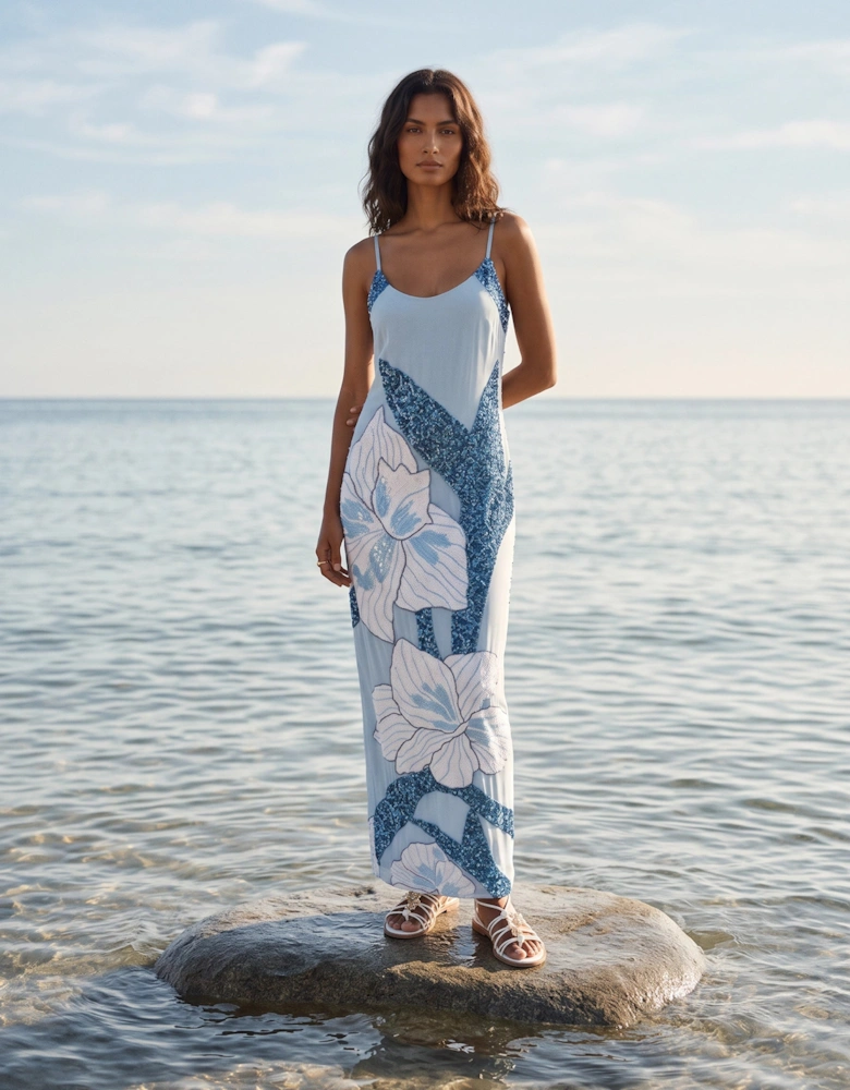 Delilah Beaded Dress Blue Oceanus x By Poppy in Stock