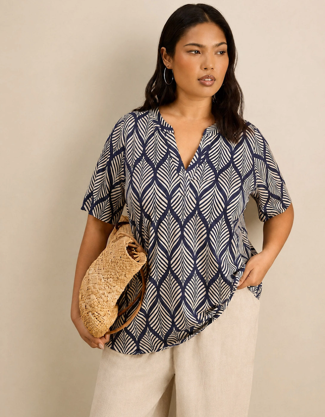 Navy Print Nehru Collar Short Sleeve Jersey Top