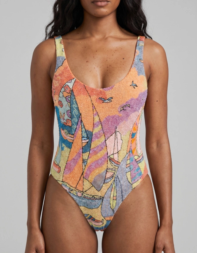 Ocean Boat Orange Hand-Beaded Embroidery Swimsuit