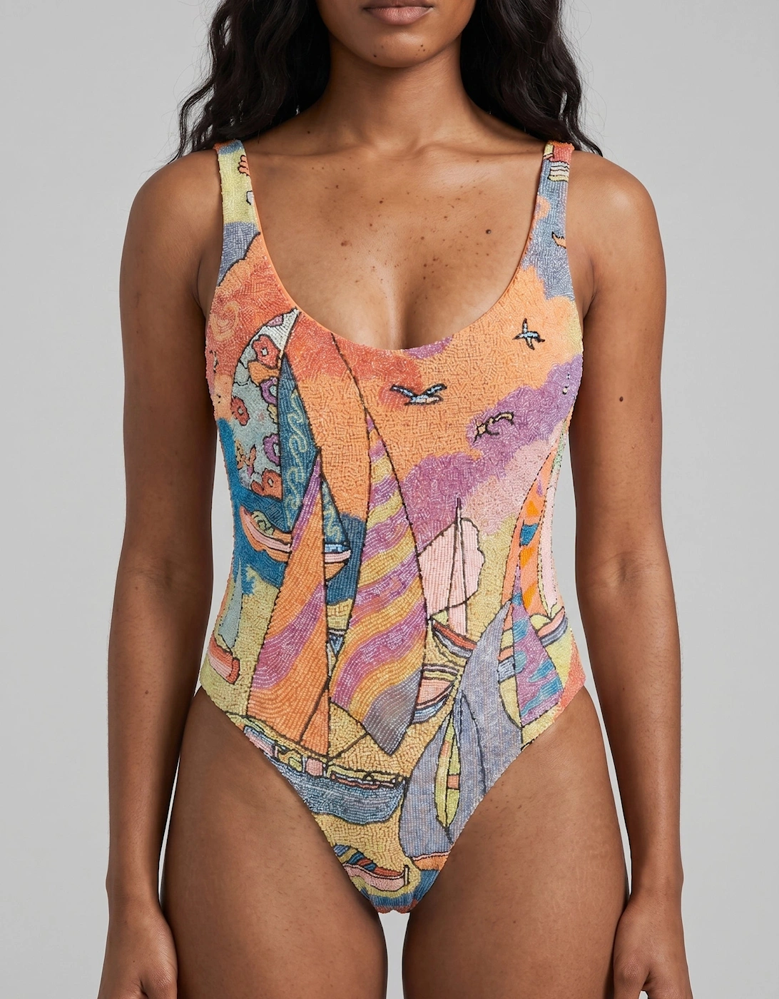 Ocean Boat Orange Hand-Beaded Embroidery Swimsuit