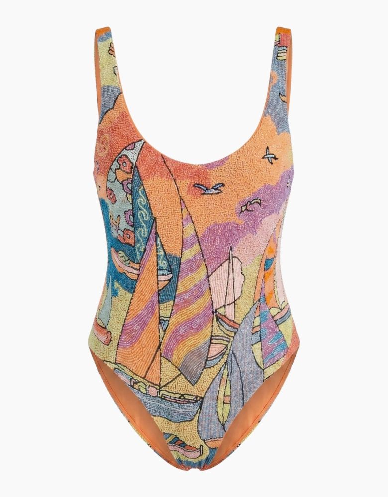 Ocean Boat Orange Hand-Beaded Embroidery Swimsuit