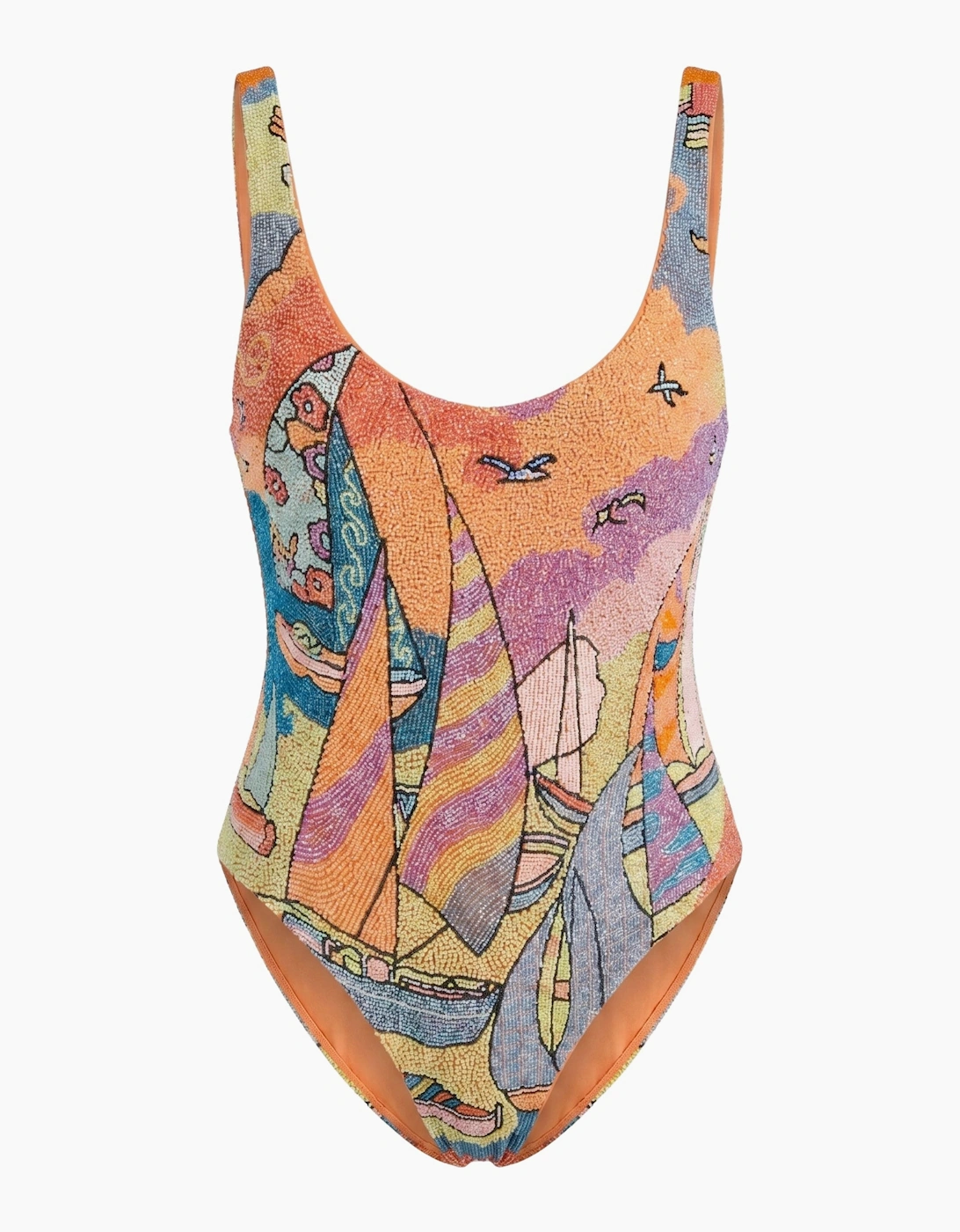 Ocean Boat Orange Hand-Beaded Embroidery Swimsuit