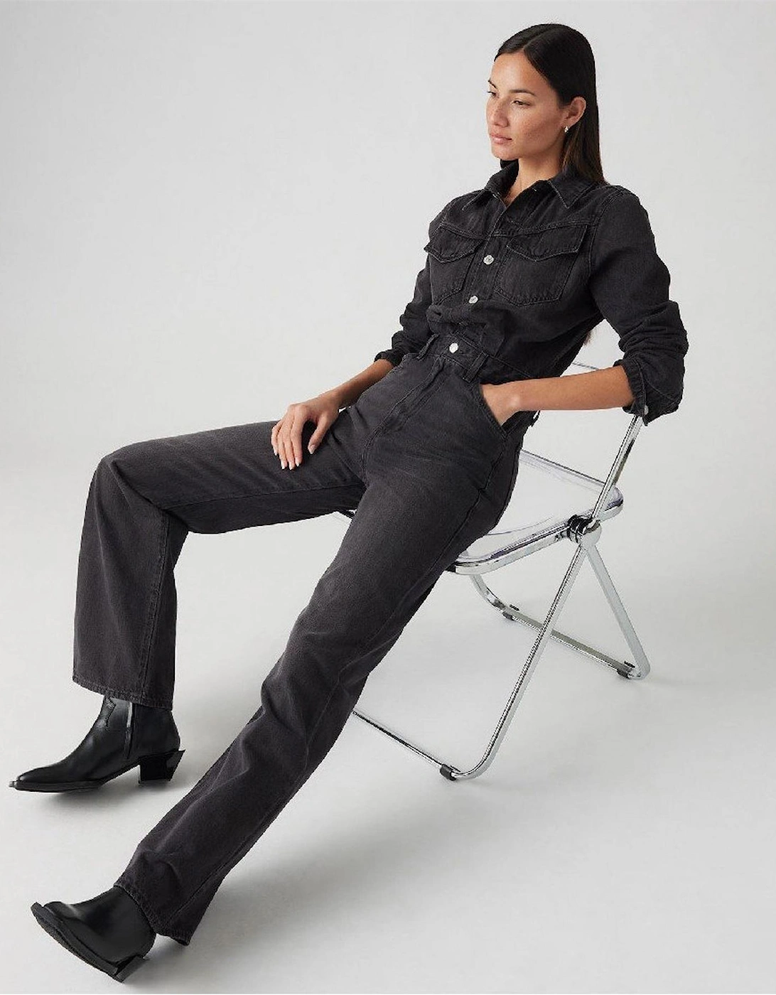 Collared Neck Long Sleeve Solid Patterned Jumpsuit
