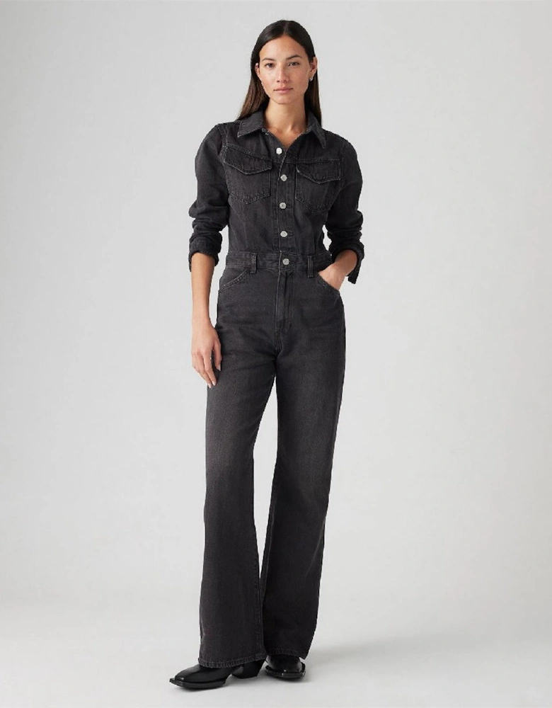 Collared Neck Long Sleeve Solid Patterned Jumpsuit