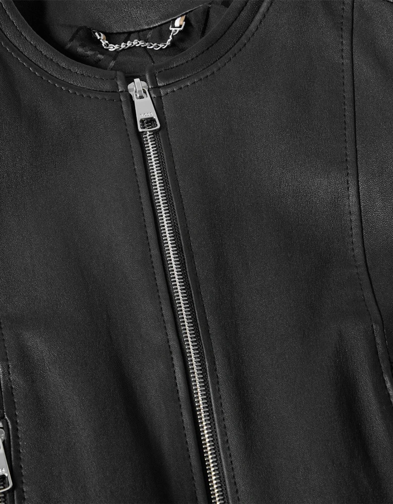 Solid Patterned Band Collared Leather Jacket with Zipped Pocket
