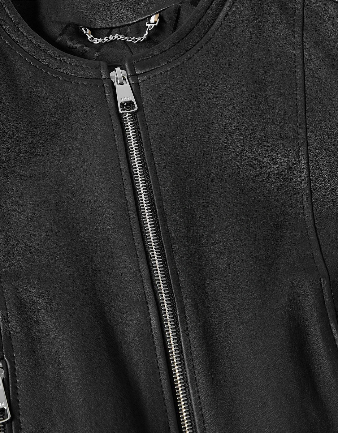 Solid Patterned Band Collared Leather Jacket with Zipped Pocket