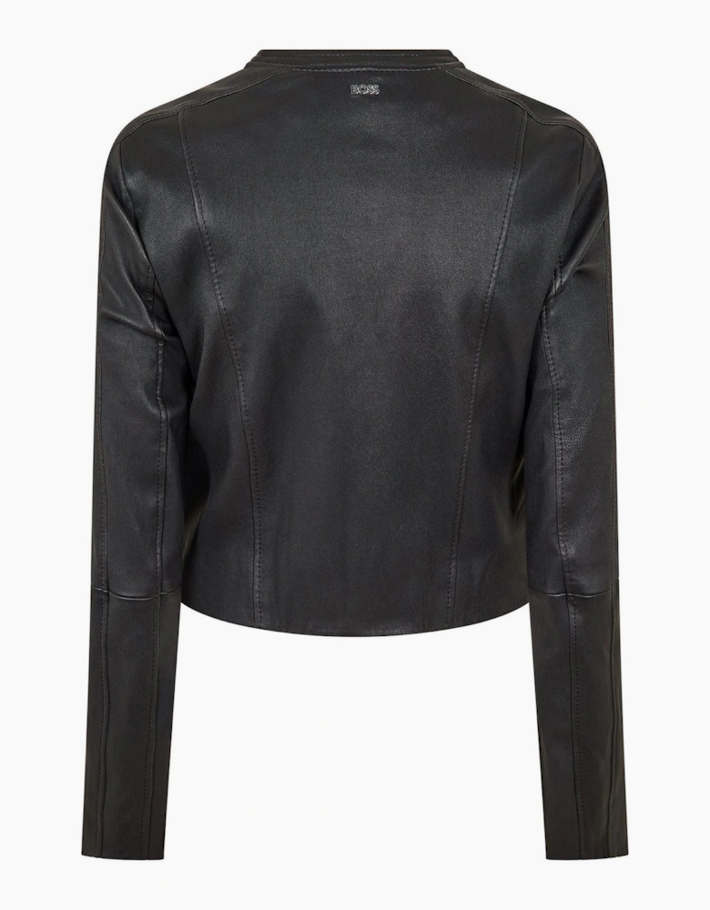 Solid Patterned Band Collared Leather Jacket with Zipped Pocket