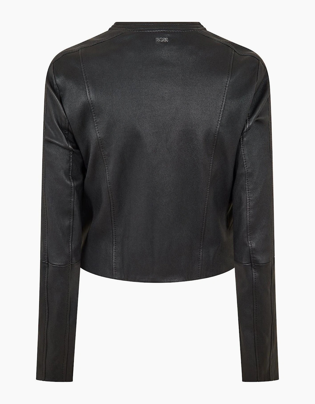Solid Patterned Band Collared Leather Jacket with Zipped Pocket