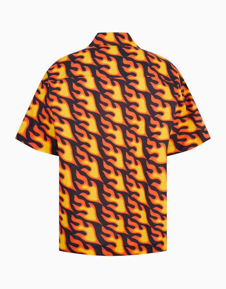 Flame Graphic Notch Collar Short Sleeve Oxford Shirt