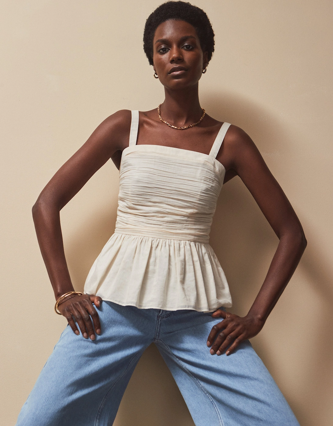 Multi-Way Cream Cotton Ruched Peplum Top, 5 of 4