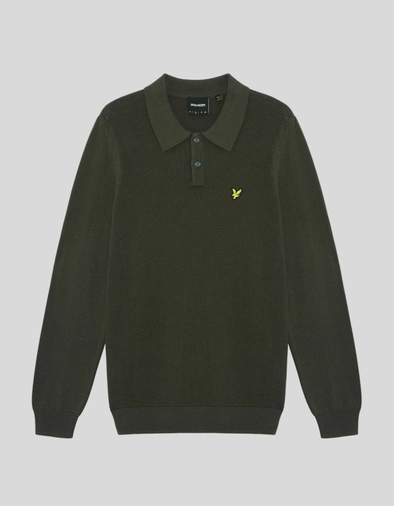 Waffle Knitted Long Sleeve Polo Shirt