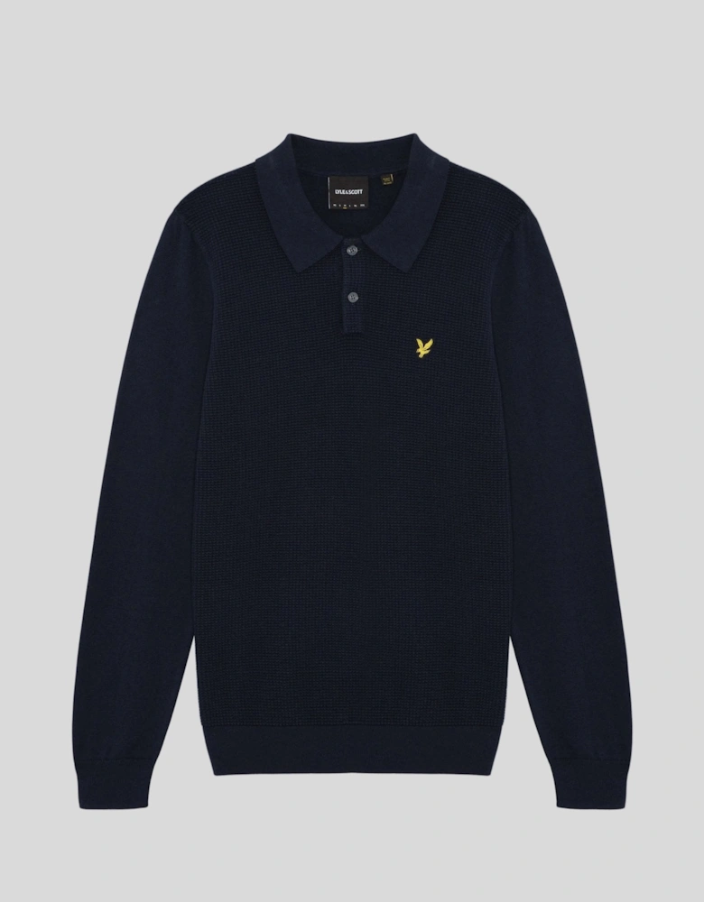 Waffle Knitted Long Sleeve Polo Shirt