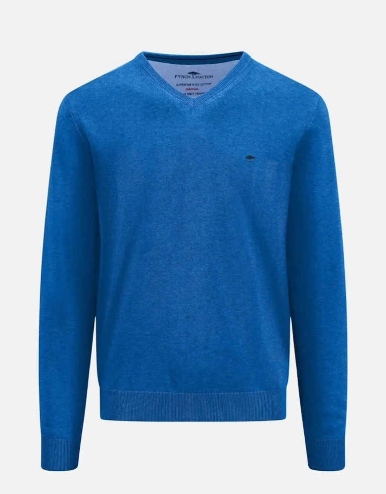 Superfine V-Neck Cotton Knit Strong Blue
