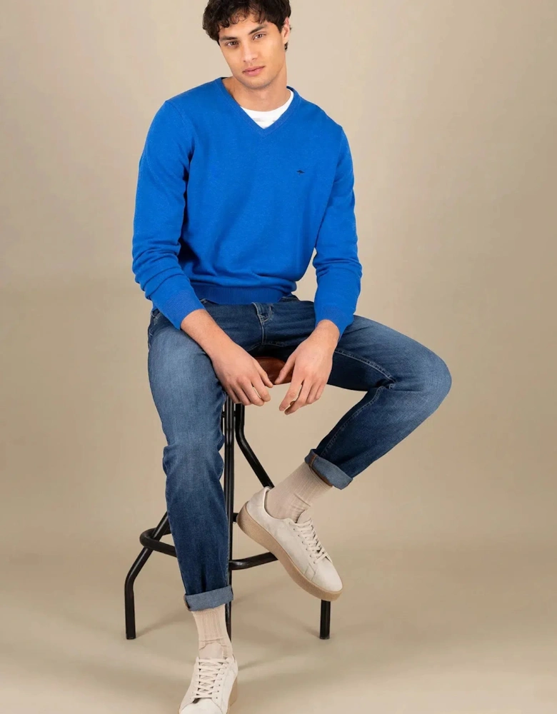 Superfine V-Neck Cotton Knit Strong Blue