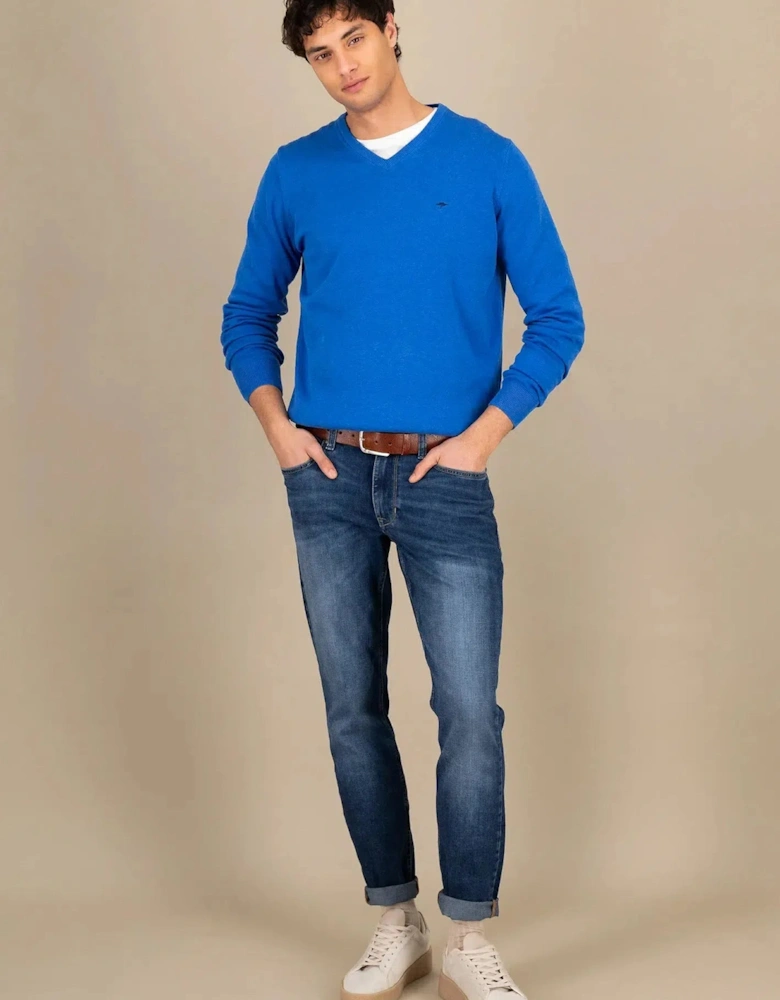 Superfine V-Neck Cotton Knit Strong Blue