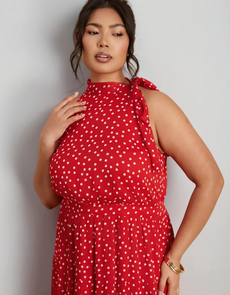 Red Polka Dot Halter Neck Maxi Dress