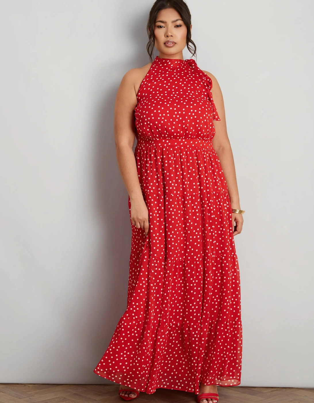 Red Polka Dot Halter Neck Maxi Dress