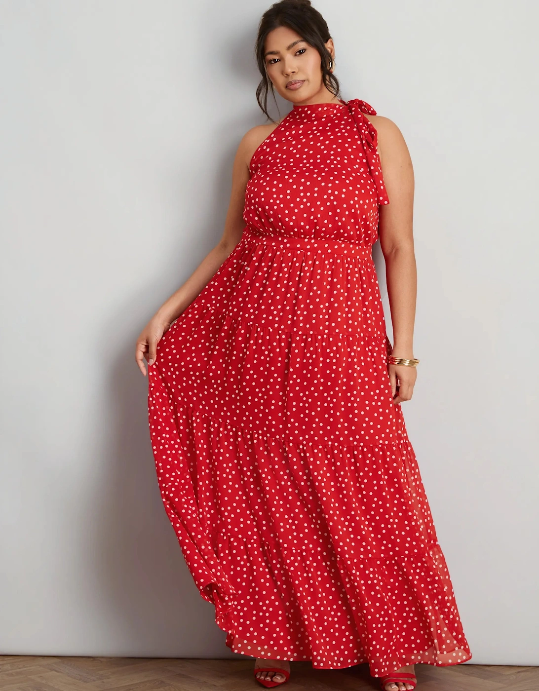 Red Polka Dot Halter Neck Maxi Dress, 6 of 5